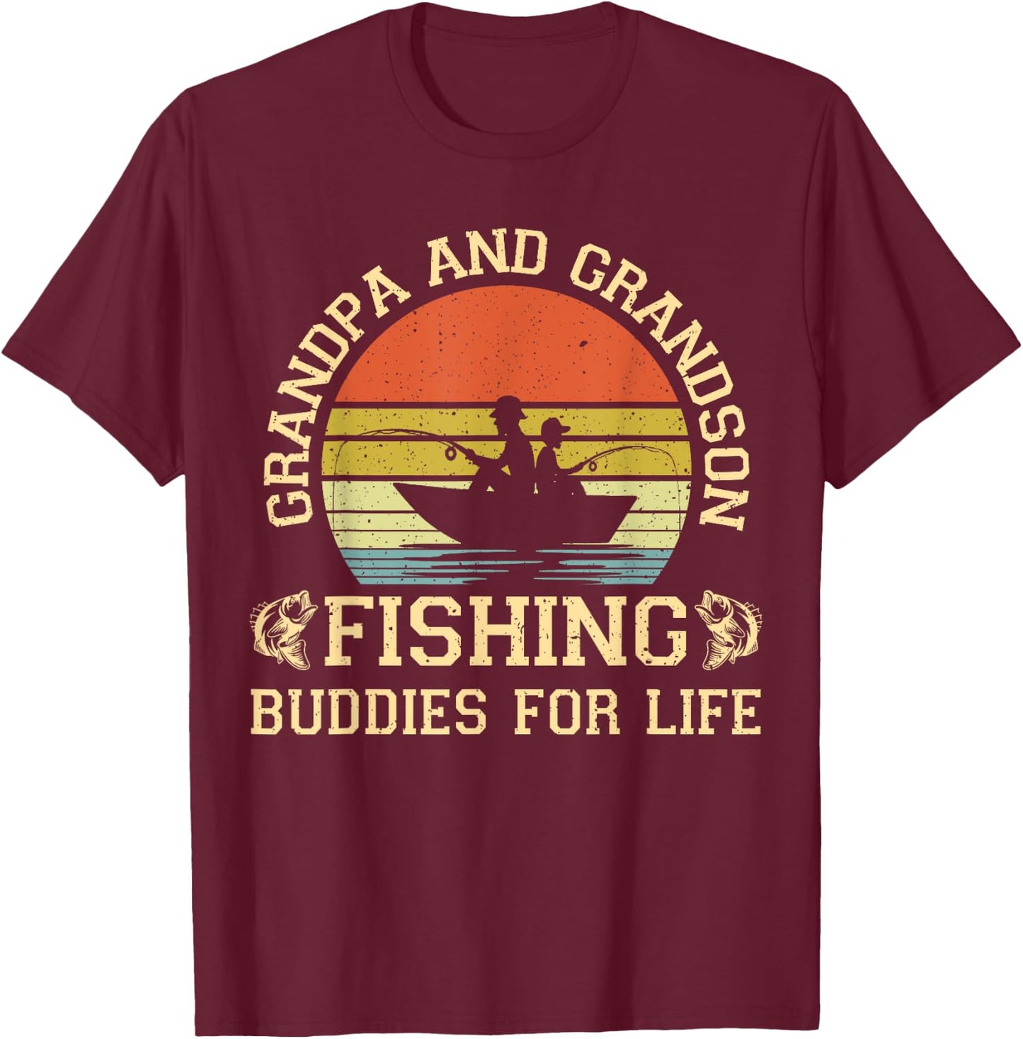 Vintage Grandpa and Grandson Fishing Buddies For Life T-Shirt - T-Shirt | Maroon