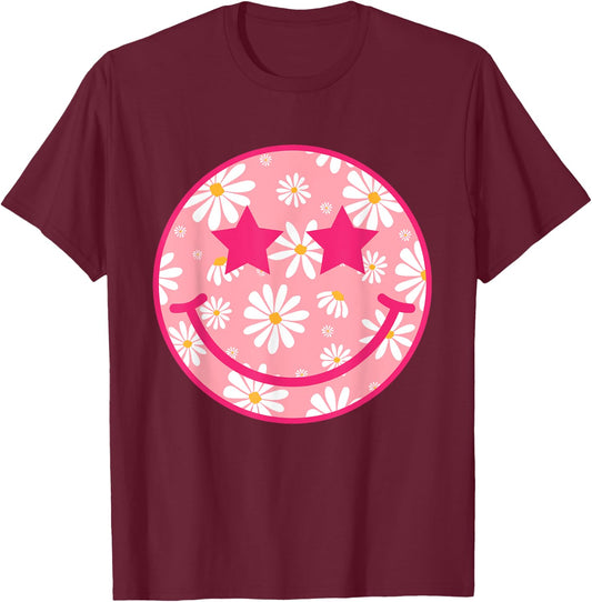 Retro Pink Happy Face Checkered Pattern Smile Face Trendy T-Shirt - T-Shirt | Maroon