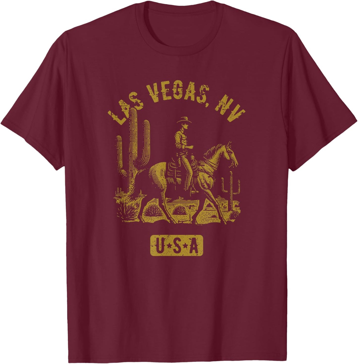 Las Vegas Nevada USA Cowboy Horse Distressed Style Design T-Shirt - T-Shirt | Maroon