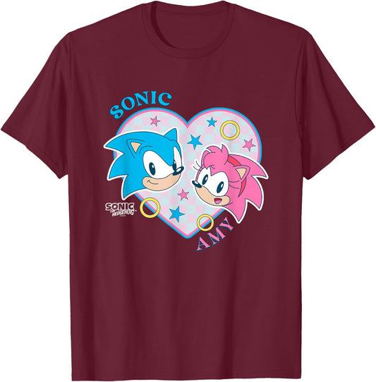 Sonic The Hedgehog Sonic & Amy Heart Shaped Portrait Retro T-Shirt - T-Shirt | Maroon