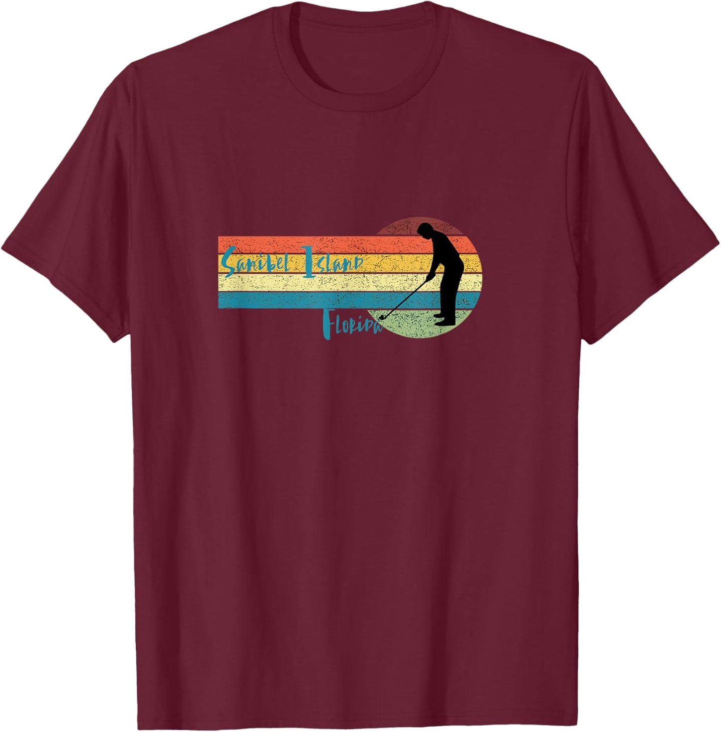 Golf Sanibel Island Fl: Man Golfing in Vintage Sunset T-Shirt - T-Shirt | Maroon