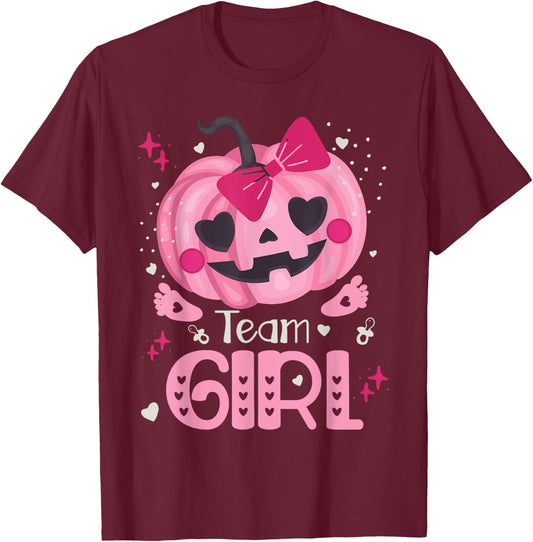 Team Girl Pumpkin Halloween Baby Gender Reveal Party T-Shirt - T-Shirt | Maroon