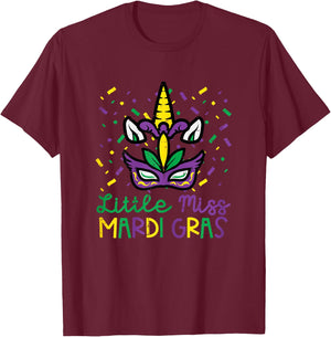 Little Miss Mardi Gras Unicorn Head Cute Girls Kids Toddler T-Shirt - T-Shirt | Maroon
