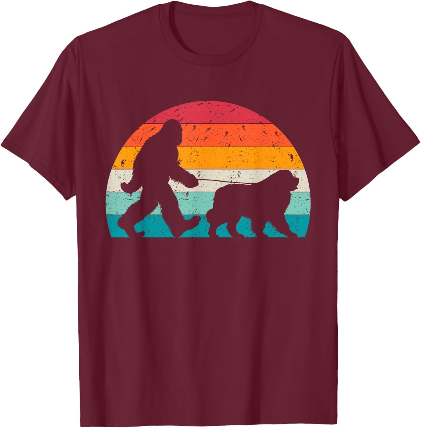 Bigfoot Walking a Dog Funny Newfie Lovers Dog Dad Women Kids T-Shirt - T-Shirt | Maroon