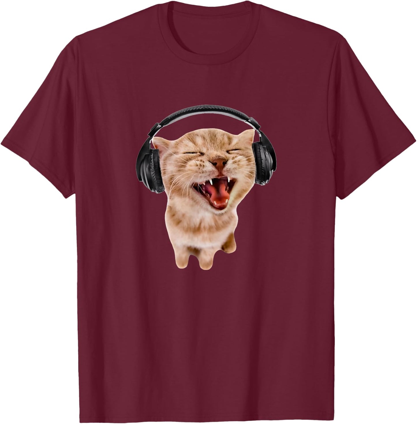 Silly Cat With Headphones T-Shirt - T-Shirt | Maroon