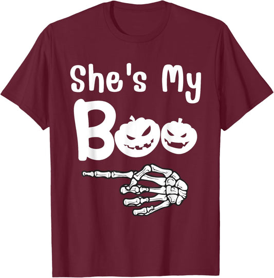 She's My Boo Pumpkin Skull Matching Halloween Pajama Couples T-Shirt - T-Shirt | Maroon