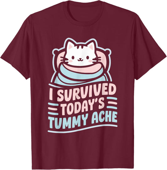 Bellyache Gastric Distress Indigestion I Survived Today's Tummy Ache -Adults Black Short Sleeve T-Shirt - T-Shirt | Maroon