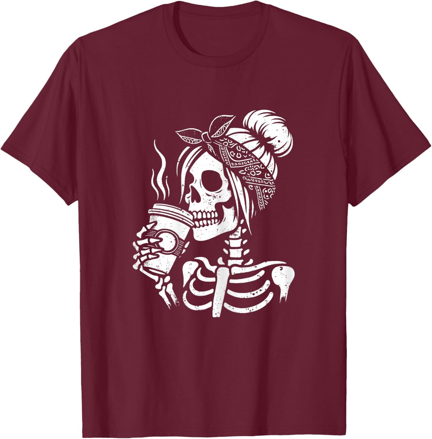 Halloween Skeleton Messy Bun Coffee Funny Costume Mom Women T-Shirt - T-Shirt | Maroon