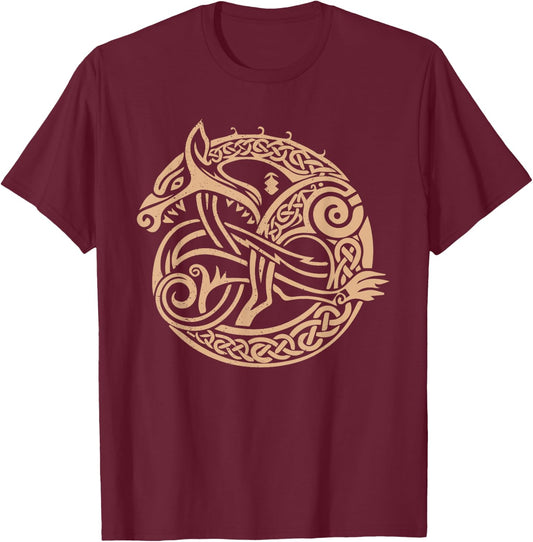 Nordic Tribal Fenrir the Wolf Viking Symbol Beige T-Shirt - T-Shirt | Maroon