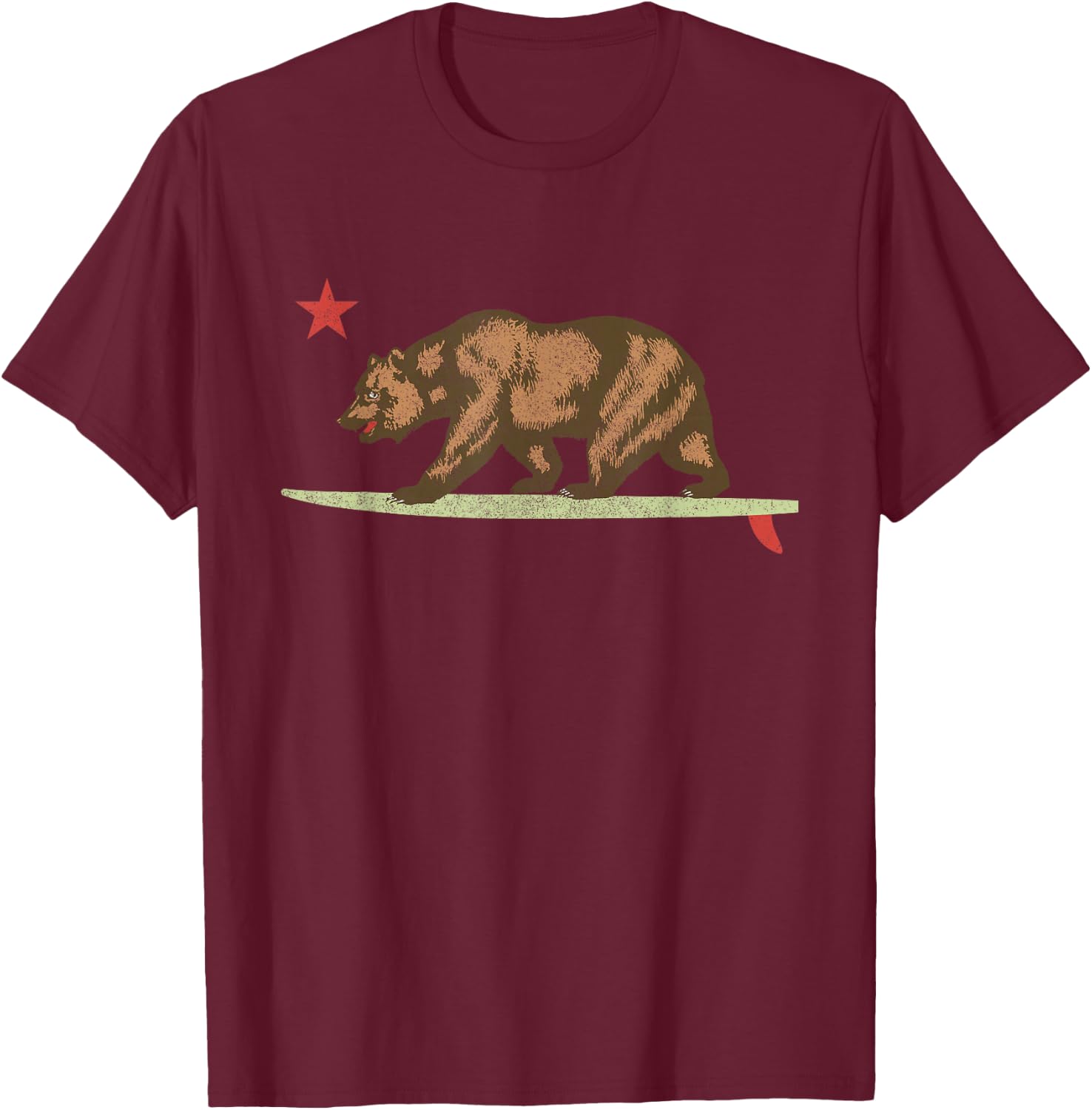 California Surfing Bear Surfboard State Flag T-Shirt - T-Shirt | Maroon