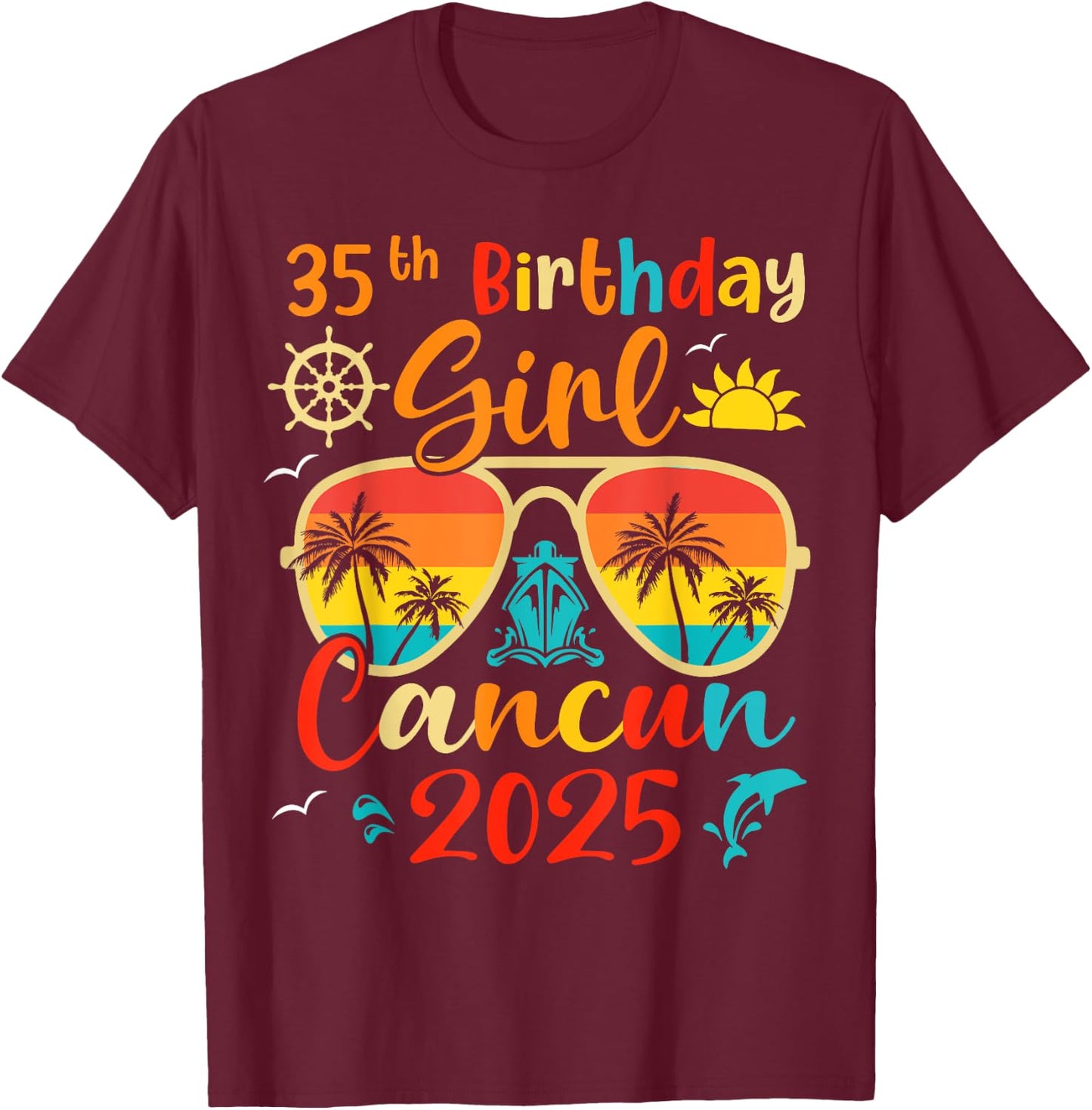 Vintage 35th Birthday Girls Cancun 2025 Beach Vacation Trip T-Shirt - T-Shirt | Maroon