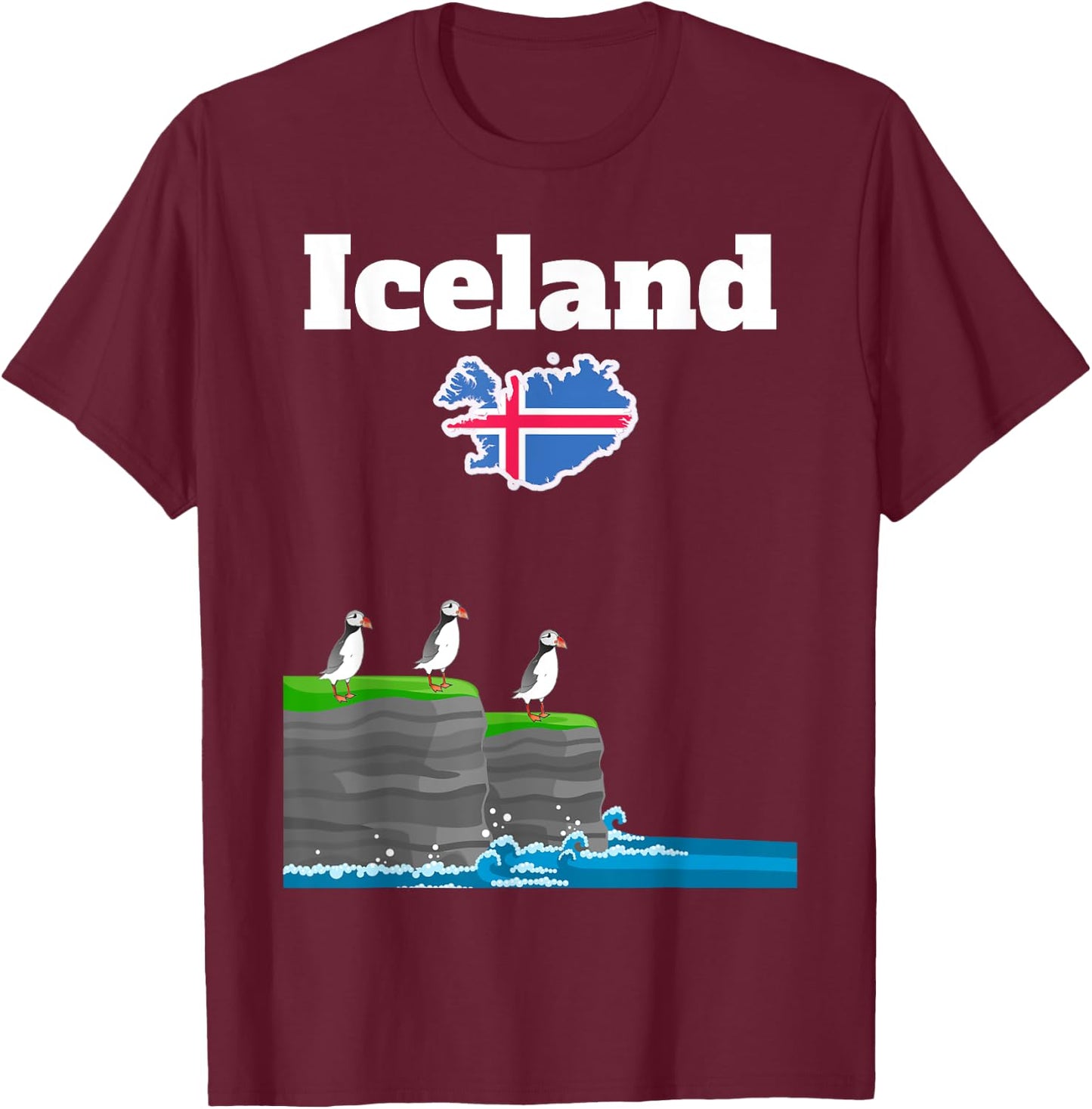Iceland trip souvenir Puffin Colony Sea Cliffs Iceland map T-Shirt - T-Shirt | Maroon