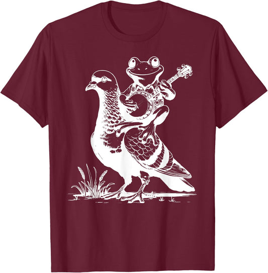 Retro Funny Frog Playing Banjo On Pigeon Animal Lover T-Shirt - T-Shirt | Maroon