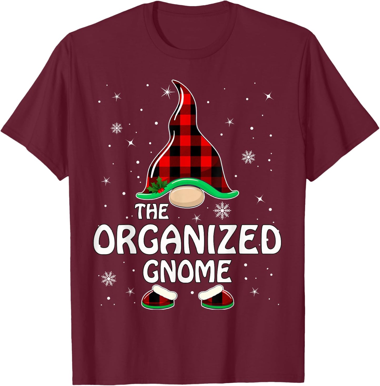 Organized Gnome Buffalo Plaid Matching Family Christmas T-Shirt - T-Shirt | Maroon