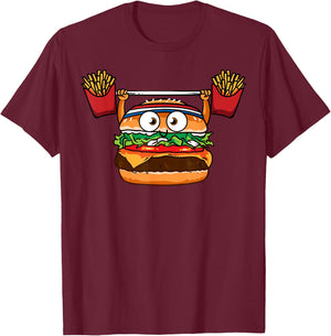 Funny Burger Weightlifting Fries Hamburger Cheeseburger Joke T-Shirt - T-Shirt | Maroon