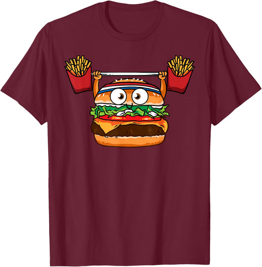 Funny Burger Weightlifting Fries Hamburger Cheeseburger Joke T-Shirt - T-Shirt | Maroon