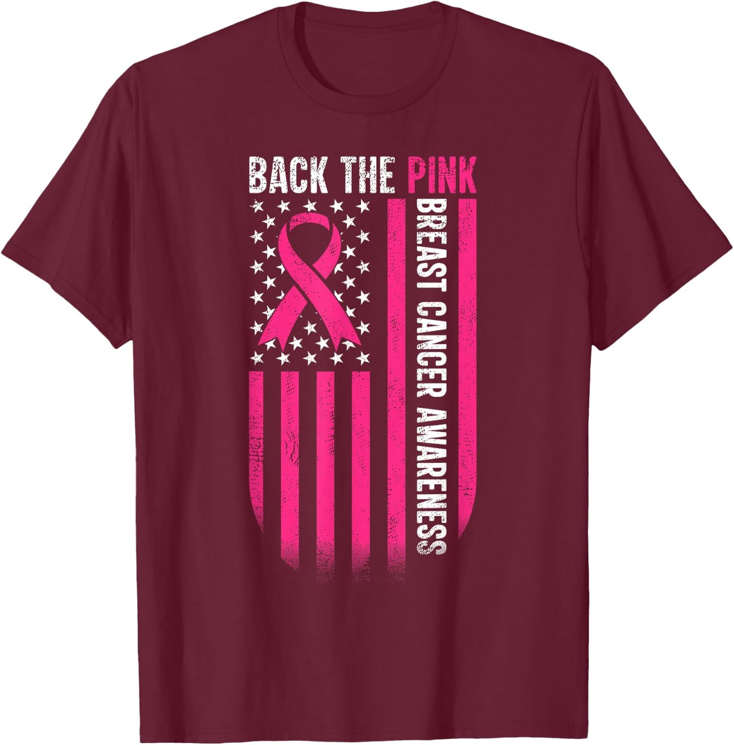 Back The Pink American Flag Breast Cancer Awareness Ribbon T-Shirt - T-Shirt | Maroon