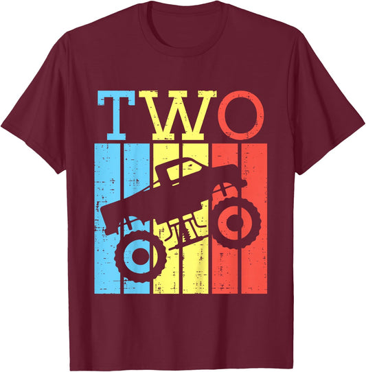 Kids 2nd Birthday Monster Truck Two 2 Year Old Bday Boys Kids T-Shirt - T-Shirt | Maroon