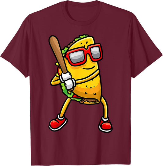 Taco Playing Baseball Mexican Cinco De Mayo Kids Men T-Shirt - T-Shirt | Maroon