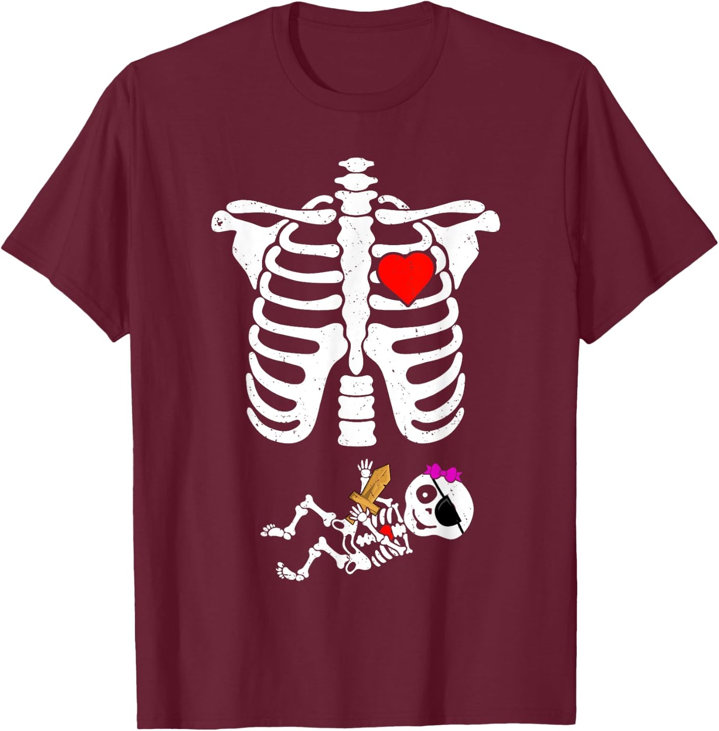Pirate Baby Skeleton X-Ray Funny Halloween Pregnancy Girls T-Shirt - T-Shirt | Maroon