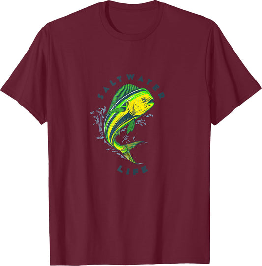 Saltwater Life Saltwater Mahi Mahi Jumping Fishing T-Shirt - T-Shirt | Maroon