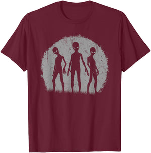 Grey Alien Trio Zeta Reticuli UFO Abduction T-Shirt - T-Shirt | Maroon