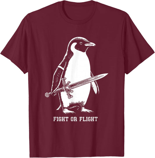 Fight or Flight Penguin - Black - Men's - Small - Short Sleeve - Penguin Print - Classic Fit - Bird Print T-Shirt - T-Shirt | Maroon