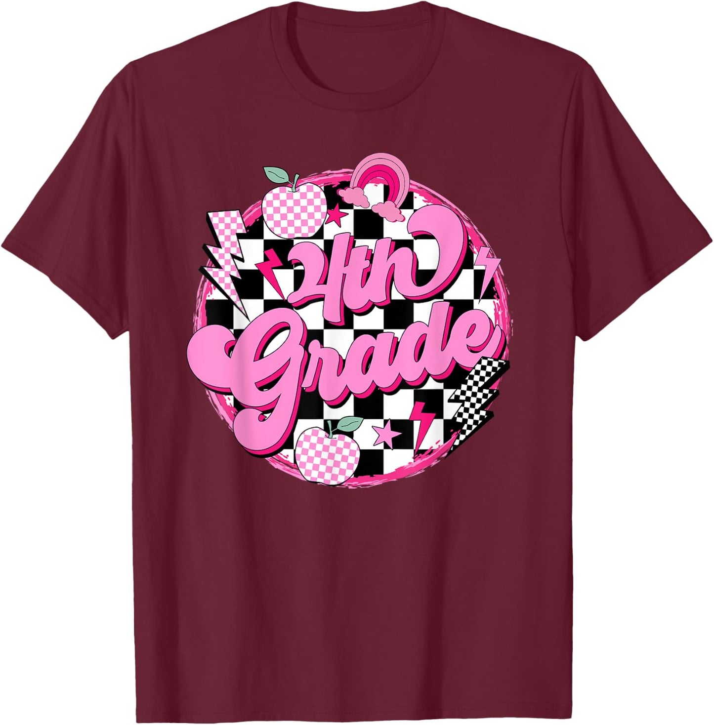 4th Grade Teacher Women Retro Checkered First Day of School T-Shirt - T-Shirt | Maroon