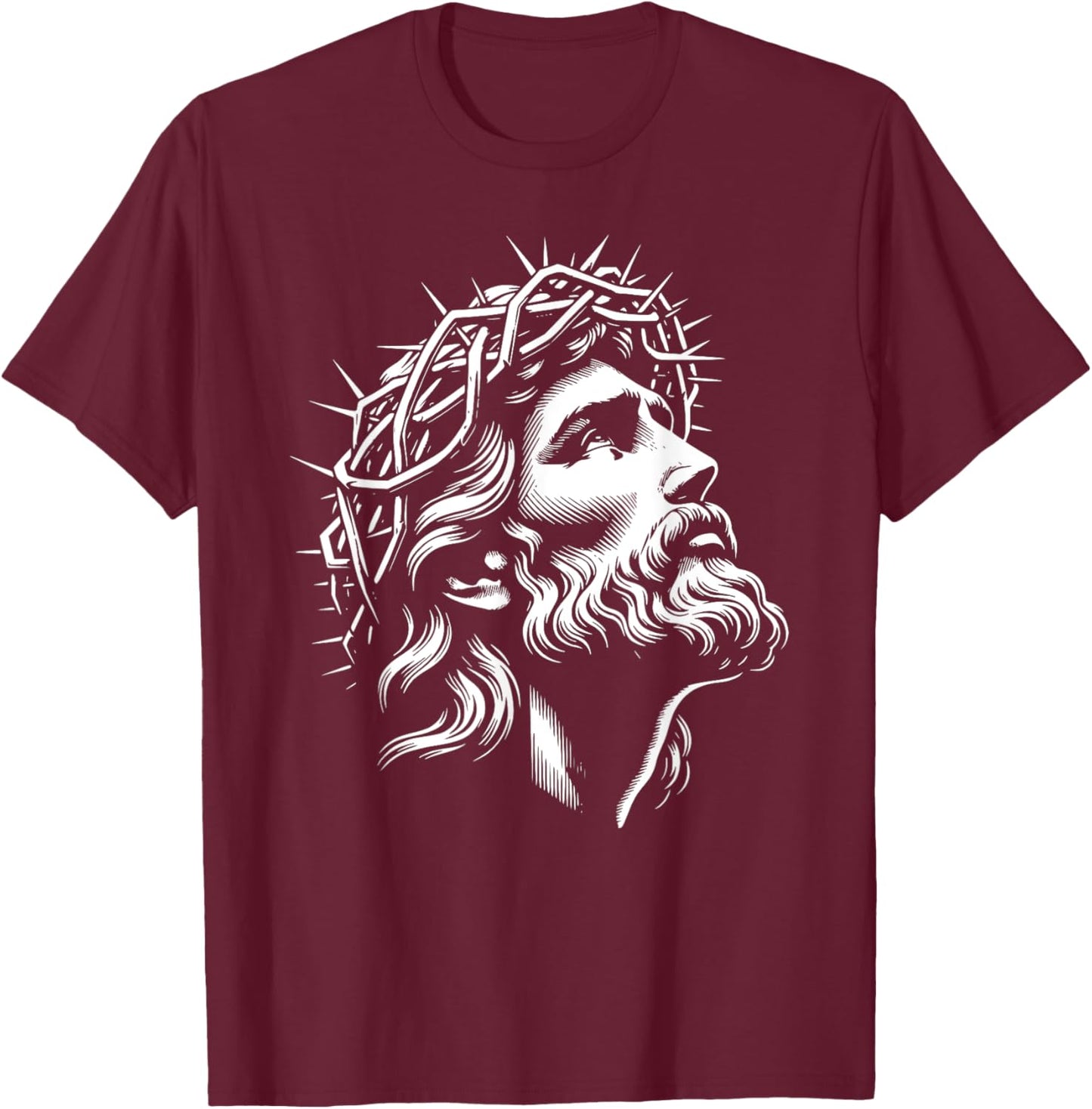 Jesus Christ Face With Crown Of Thorns God Bible T-Shirt - T-Shirt | Maroon
