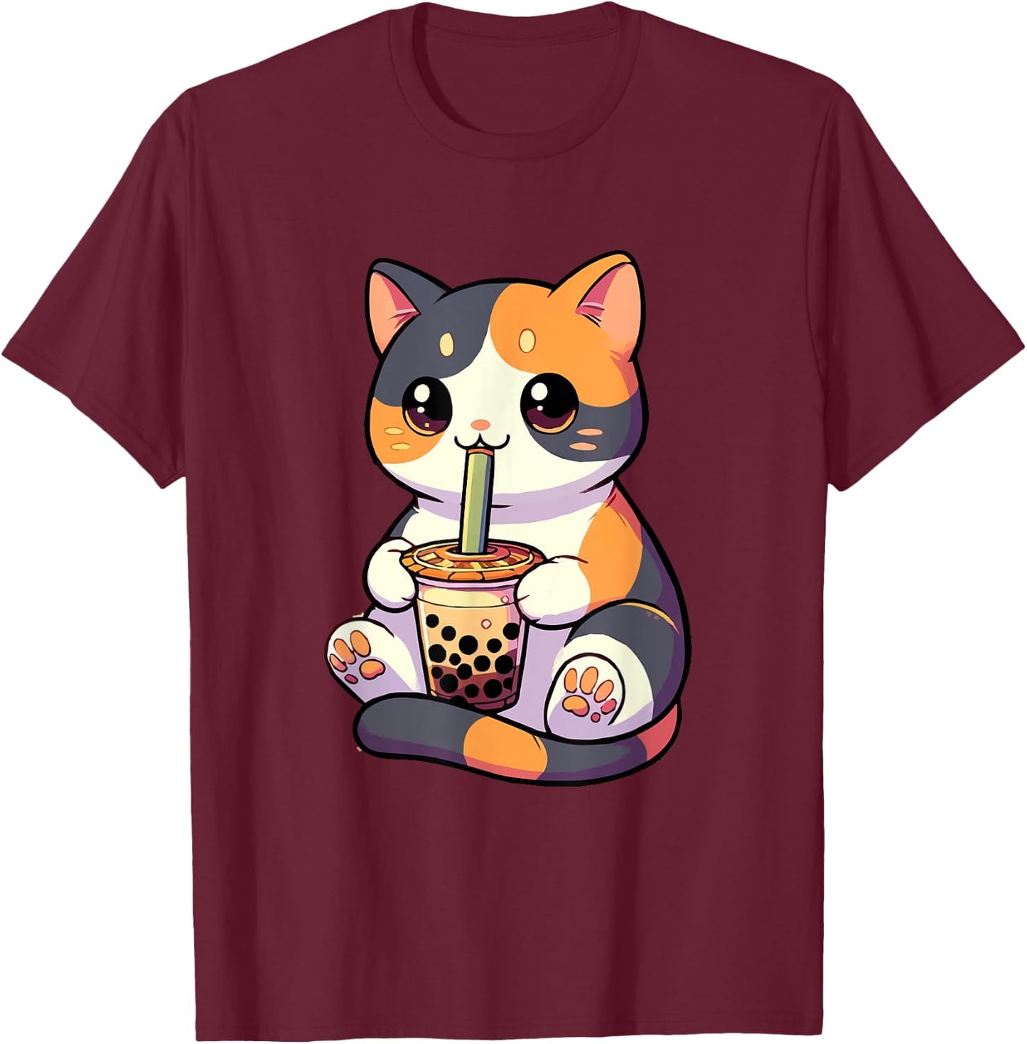 Cat Drinking Boba Feline Japanese Pet Kawaii Boba Calico Cat Women T-Shirt - T-Shirt | Maroon