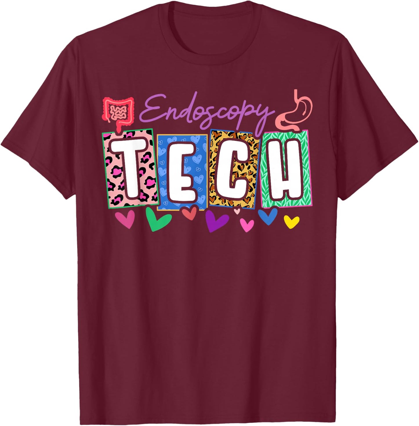 Endoscopy Tech Heart Leopard T-Shirt - T-Shirt | Maroon