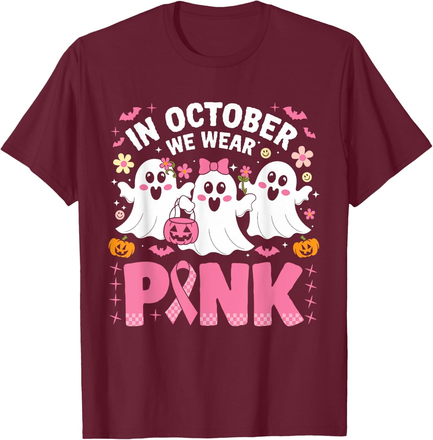 In October We Wear Pink Ghost Witch Breast Cancer Awareness T-Shirt - T-Shirt | Maroon