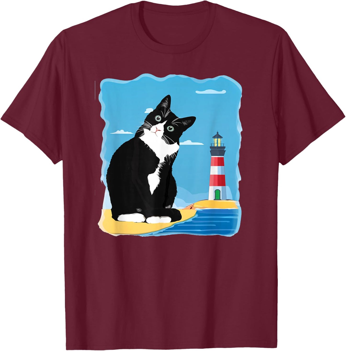 Tuxedo Cat Lighthouse Day Ocean Beach Summer Men Women Girls Kids T-Shirt - T-Shirt | Maroon