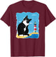 Tuxedo Cat Lighthouse Day Ocean Beach Summer Men Women Girls Kids T-Shirt - T-Shirt | Maroon