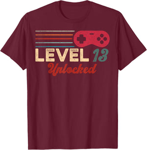 Retro Unlocked Level 13 Birthday Boy Video Game Controller T-Shirt - T-Shirt | Maroon