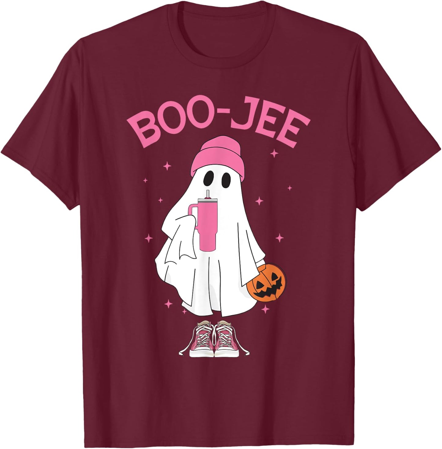 Boo-Jee Spooky Season Ghost Pink Halloween Pumpkin Boujee T-Shirt - T-Shirt | Maroon