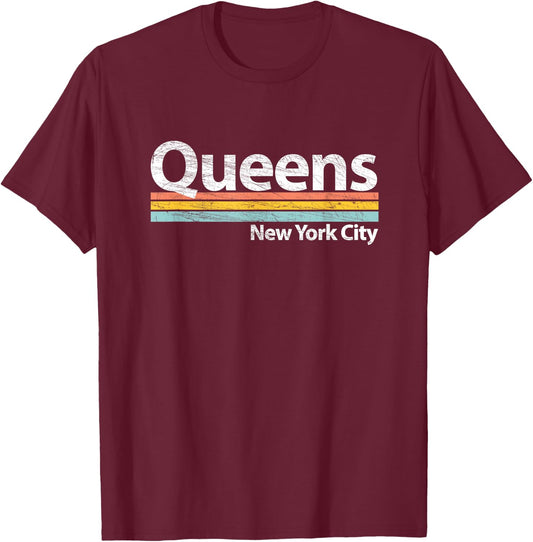 Queens - New York City - NYC - Retro Stripes - Classic T-Shirt - T-Shirt | Maroon