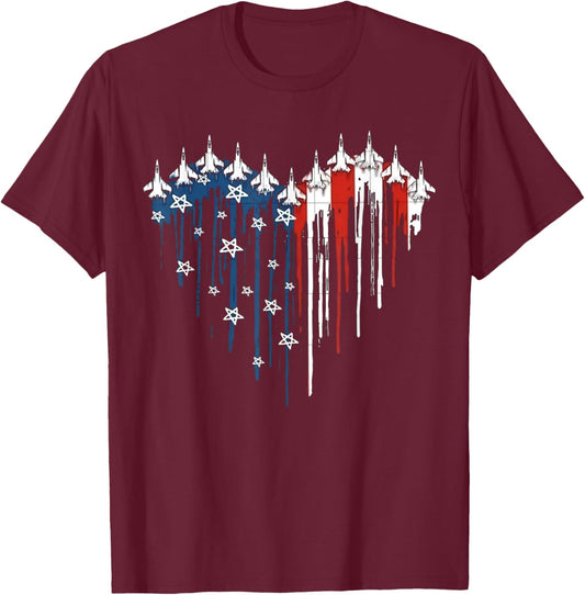 Fighter Jet Airplane American Flag Heart 4th Of July Retro Men T-Shirt - T-Shirt | Maroon