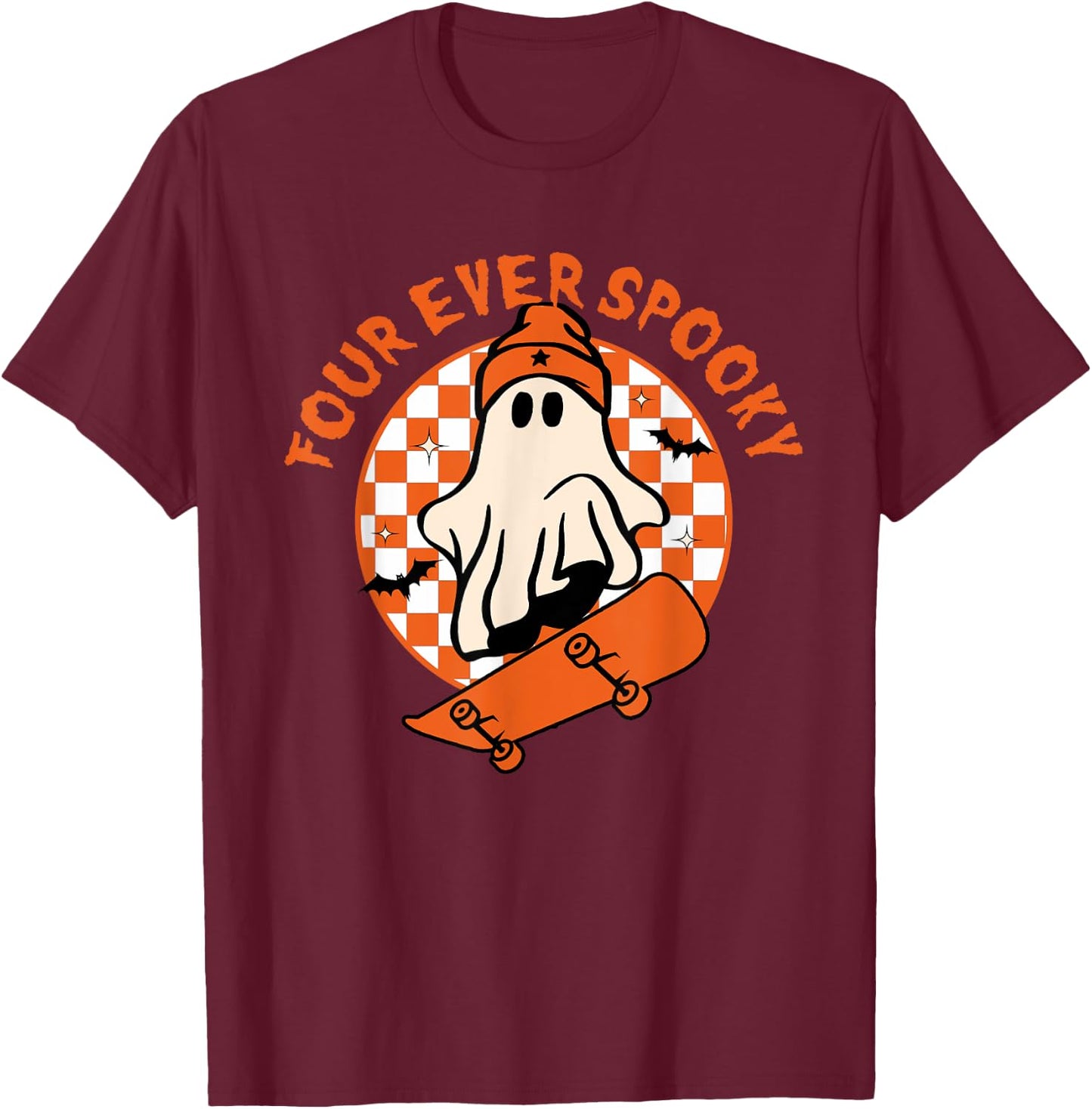 Four Ever Spooky 4th Birthday Halloween Skateboarding Ghost T-Shirt - T-Shirt | Maroon