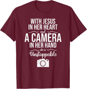 With Jesus In Her Heart & Camera Christian Cool Photography T-Shirt - T-Shirt | Maroon