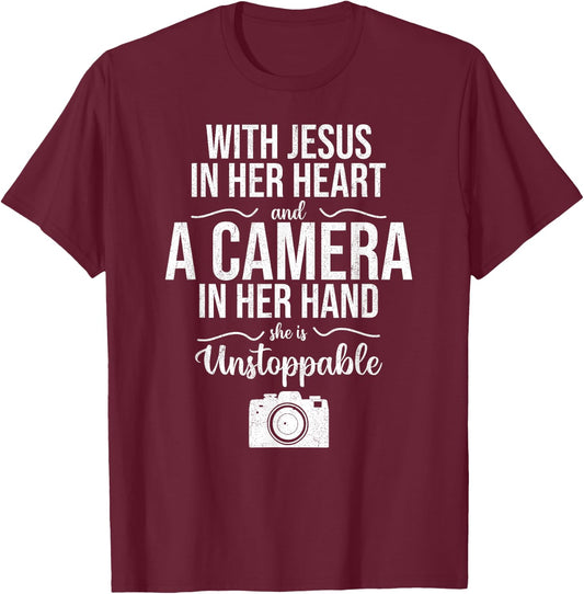 With Jesus In Her Heart & Camera Christian Cool Photography T-Shirt - T-Shirt | Maroon