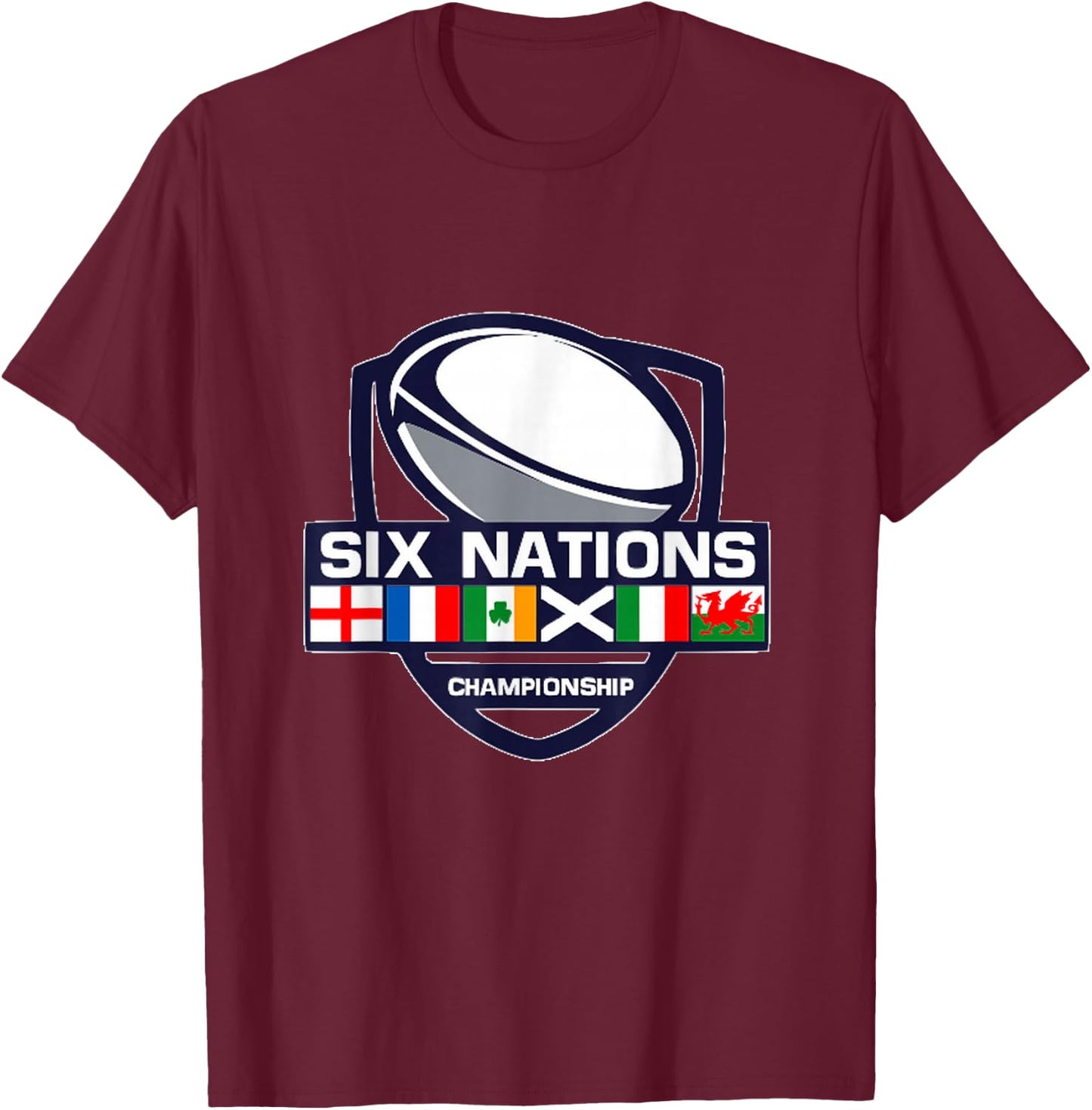Rugby 6 Nations Apparel Six Nations , Men-Adults, , Short Sleeve, Black, Small, Cotton 65%, Polyester 35% T-Shirt - T-Shirt | Maroon