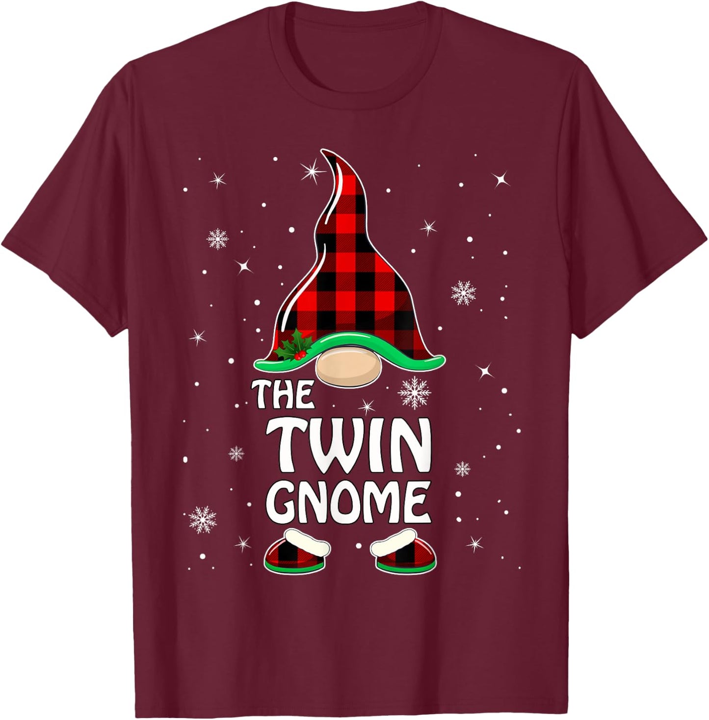 Twin Gnome Buffalo Plaid Matching Family Christmas Pajama T-Shirt - T-Shirt | Maroon