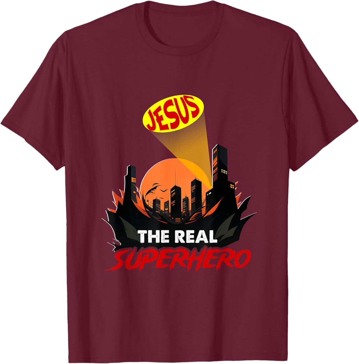 Jesus The Real Superhero Bat Signal Night Of City Christian T-Shirt - T-Shirt | Maroon