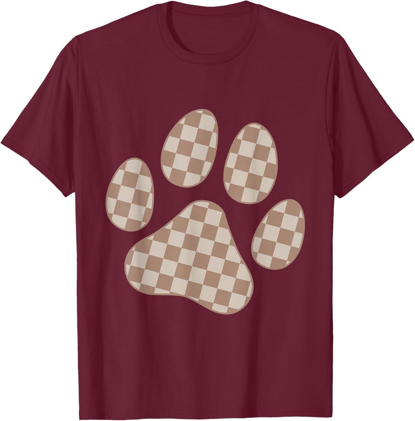Brown Beige Checkered Cat Dog Paw Print Checkerboard Men Women Kids T-Shirt - T-Shirt | Maroon