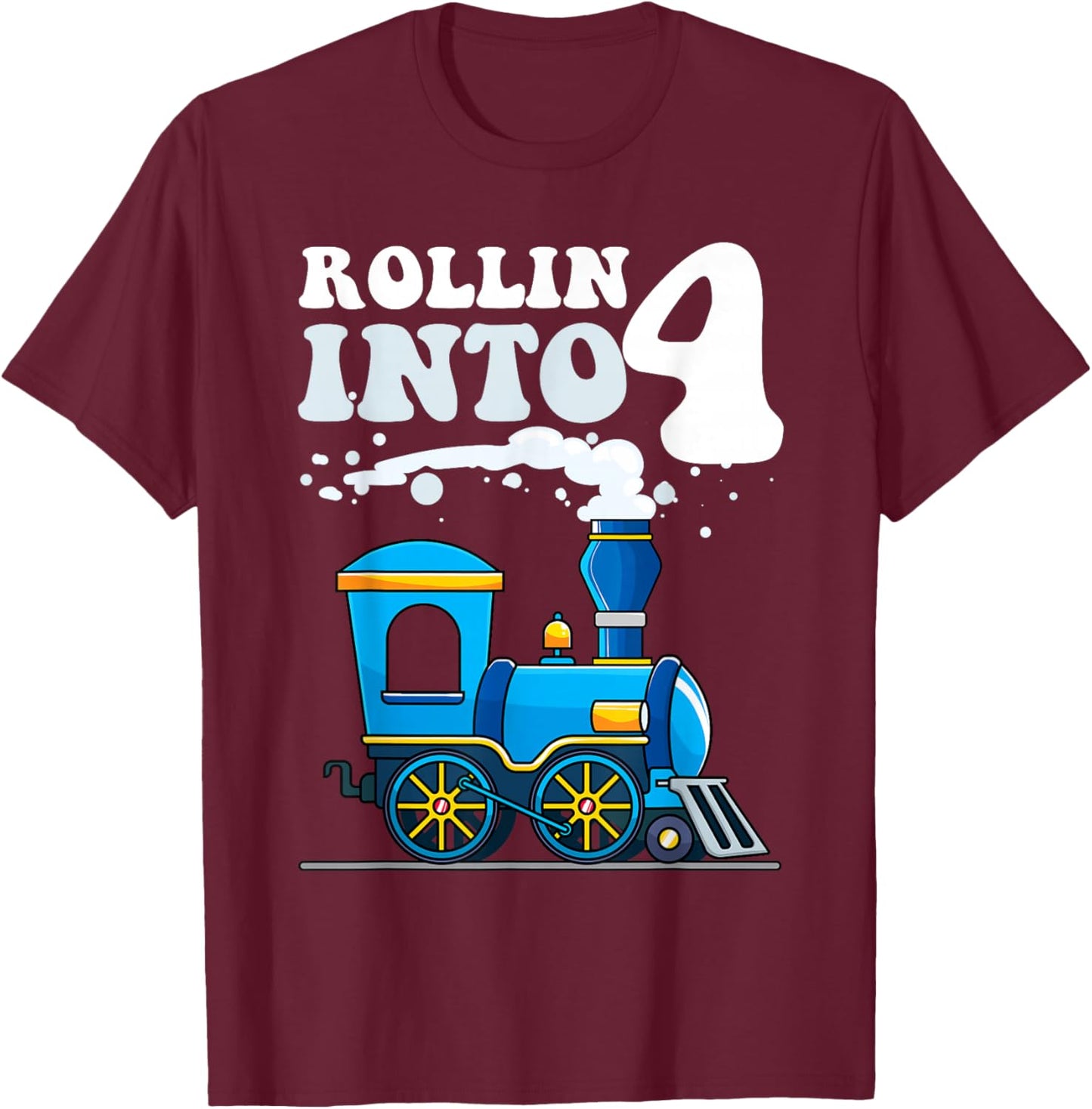 Rollin' Into 4 Train 4th Birthday Party Four Years Old Boys T-Shirt - T-Shirt | Maroon