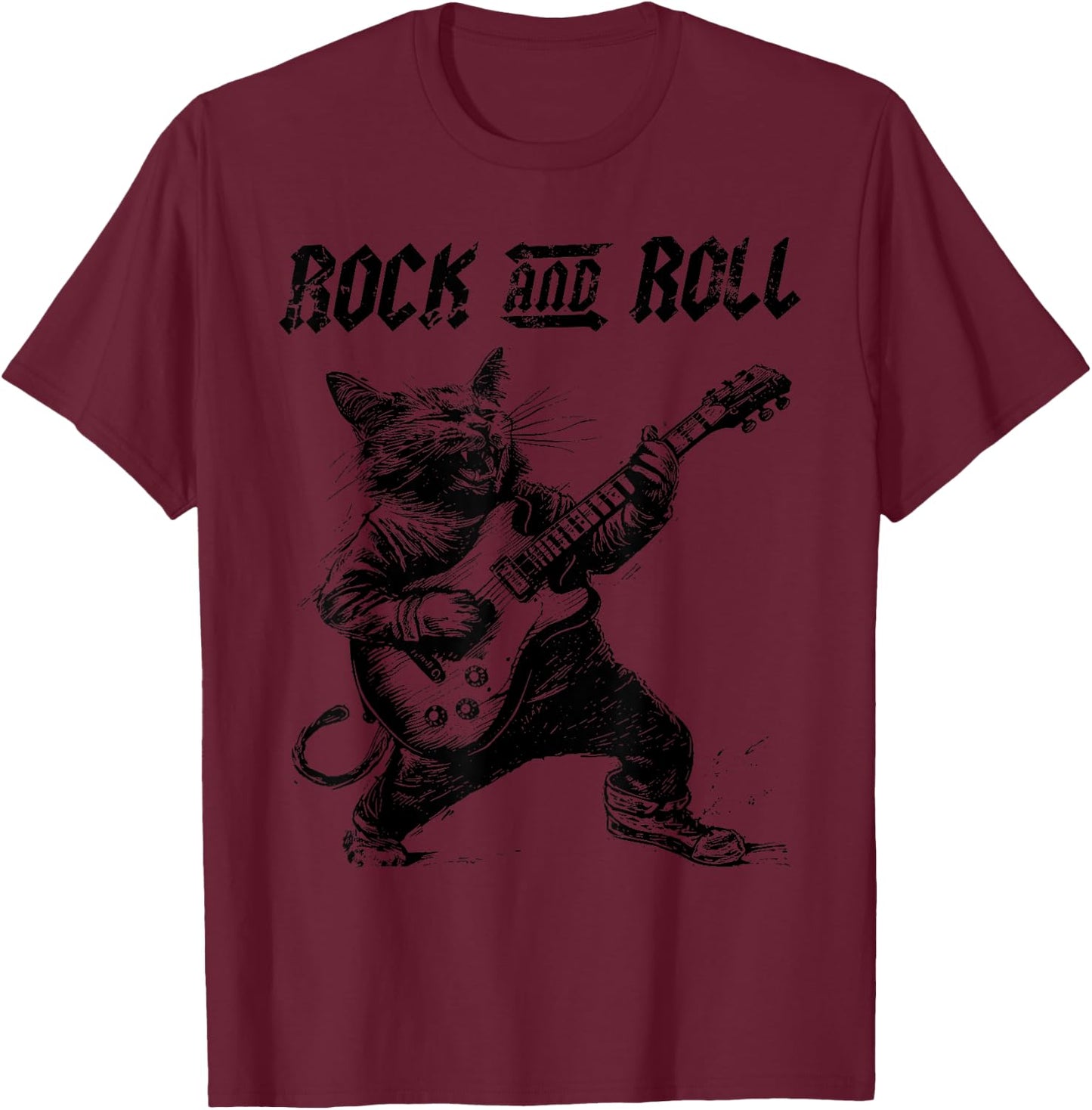 Rock and Roll Guitar Cat Vintage ROCK Guitarist Cat Men Women Girls Kids T-Shirt - T-Shirt | Maroon
