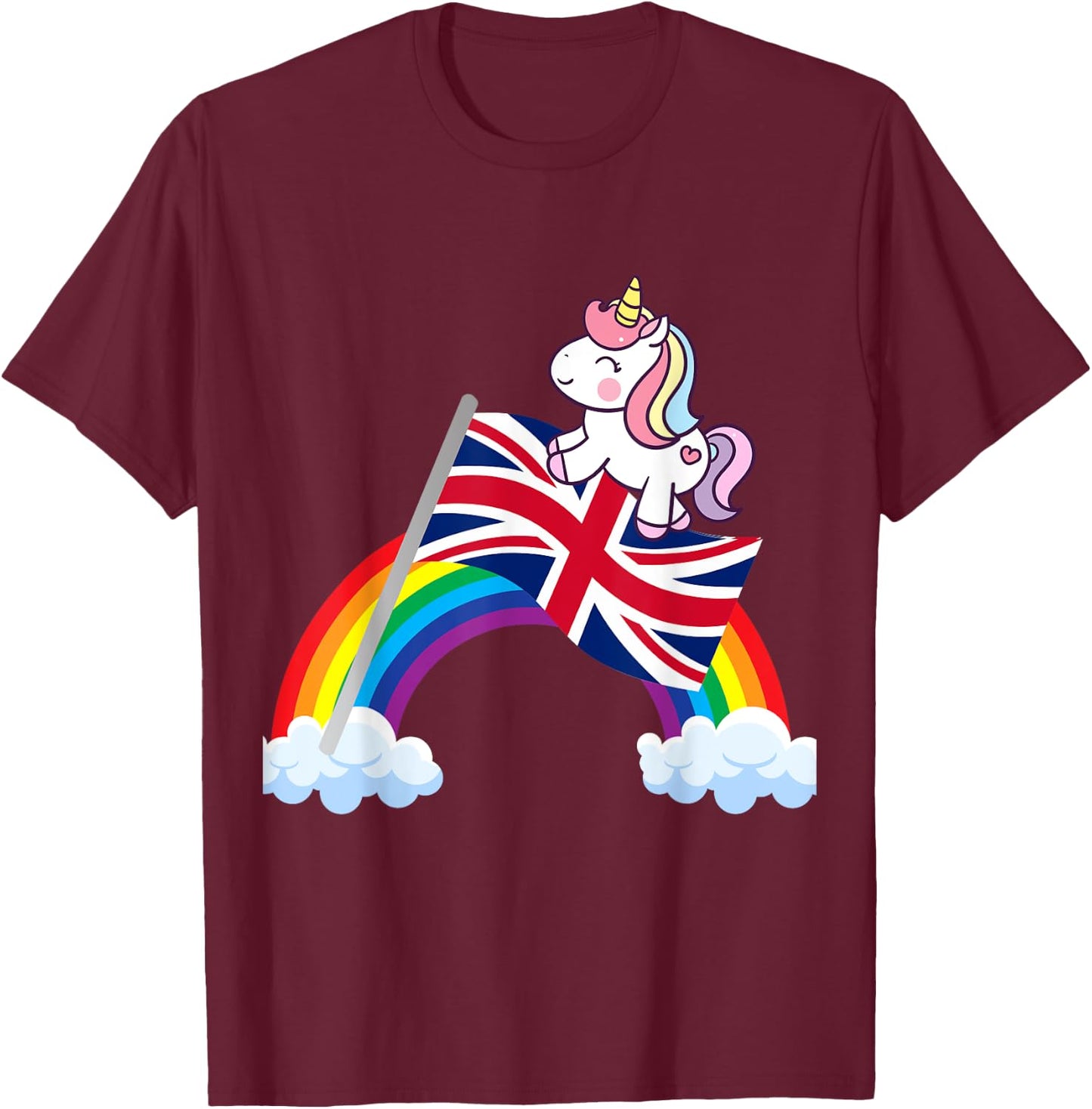 Unicorn Riding British UK Flag Boys Girls Women Kids Rainbow T-Shirt - T-Shirt | Maroon