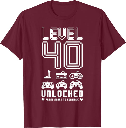 Level 40 Unlocked Video Gamer 40th Birthday Gift T-Shirt - T-Shirt | Maroon