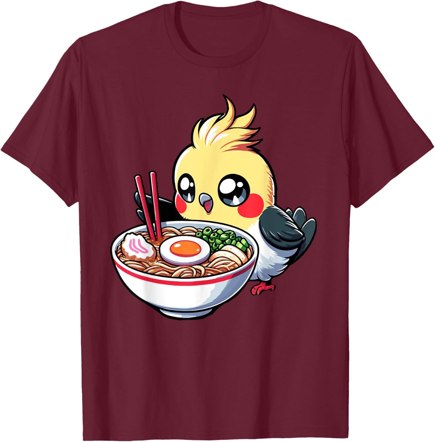 Cute Kawaii Cockatiel Bird Eating Ramen Parrot Lover Funny T-Shirt - T-Shirt | Maroon